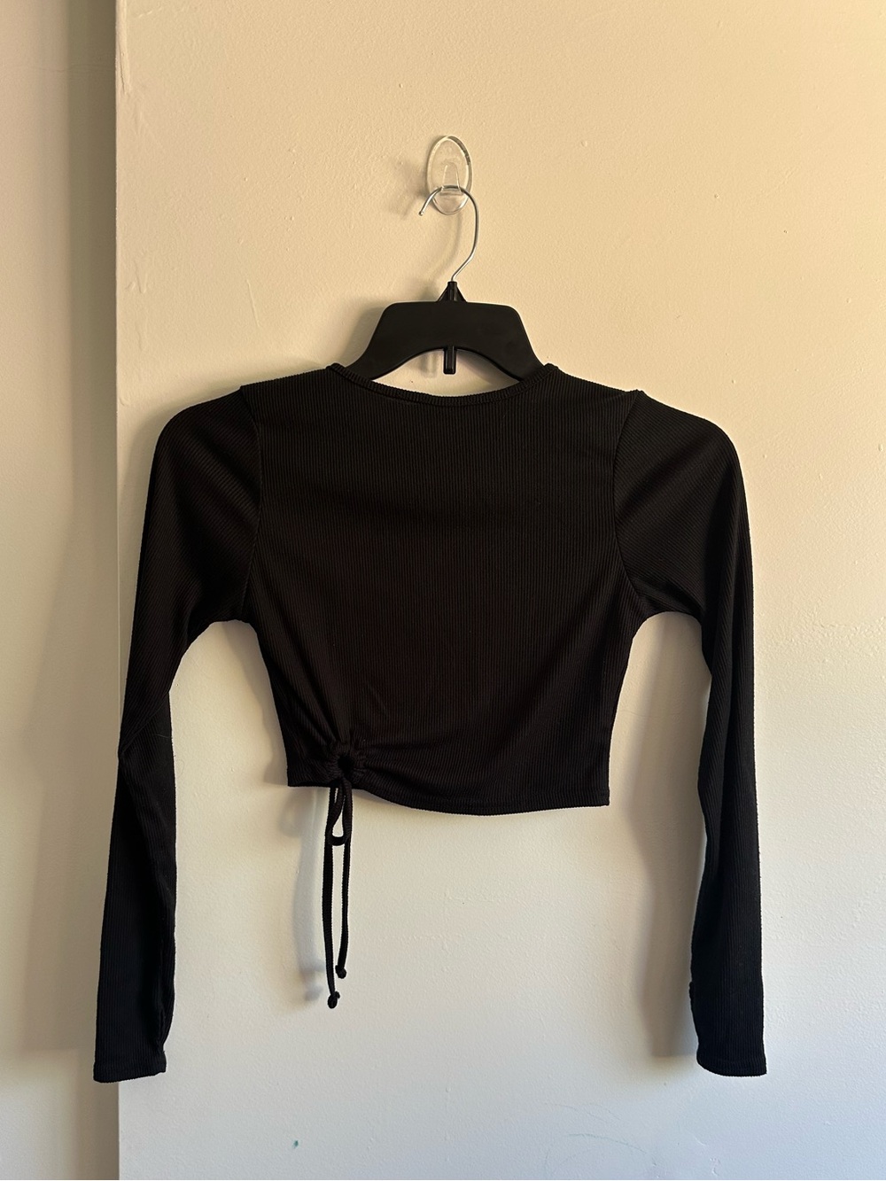 Nasty Gal Black Ribbed Long-Sleeve Cropped Drawstring Top